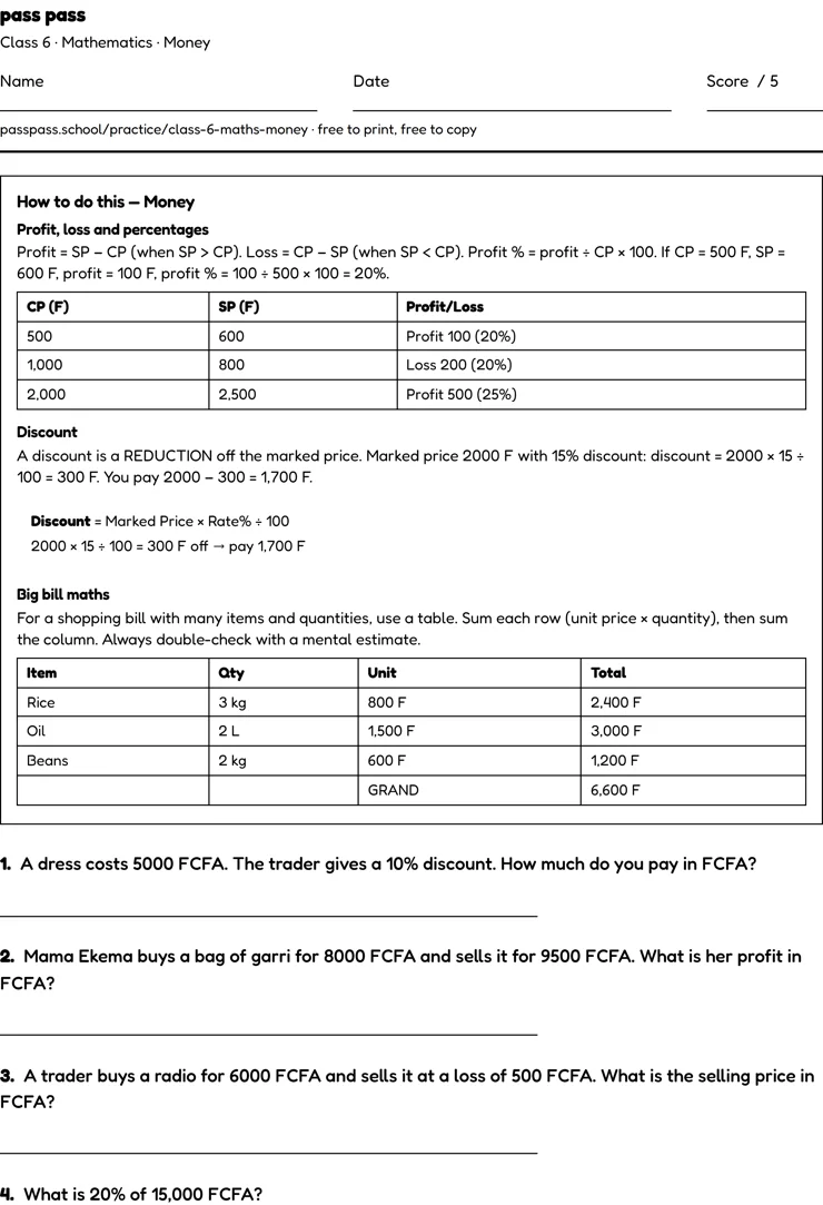 A real Class 6 Mathematics worksheet on money, with worked examples and practice questions.